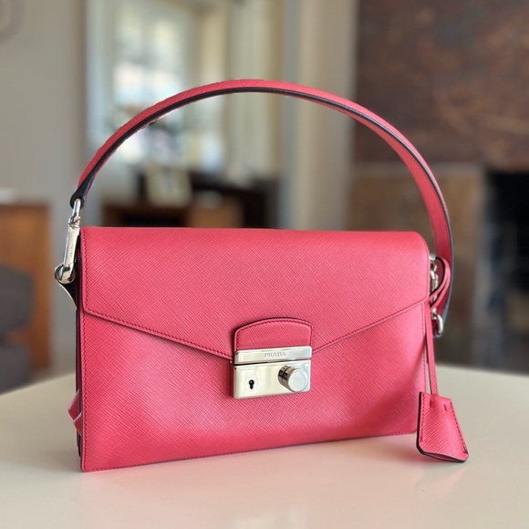 PRADA Saffiano Lux Sound Shoulder Bag Pink Clutch Silver - Picture 13 of 16